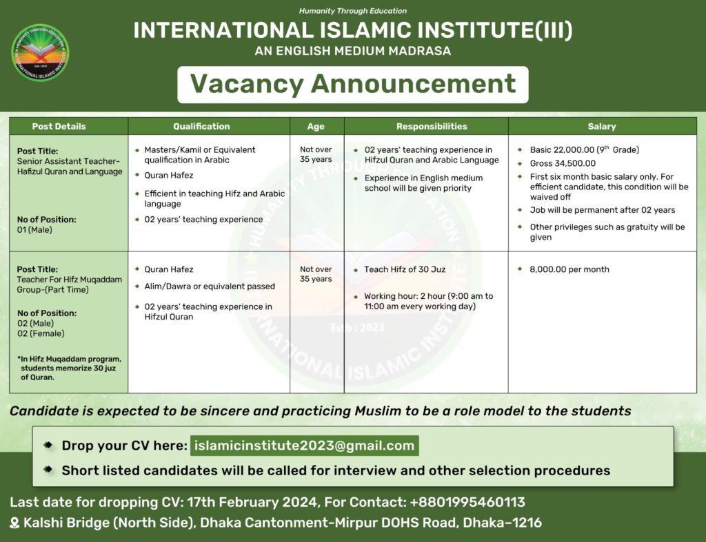 Job Circular3/2024 (Senior Assistant TeacherMale 2,Assistant Teacher